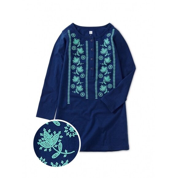 NWT Tea Collection Floral Graphic Henley Dress Wave Blue Size 4 - Picture 1 of 1